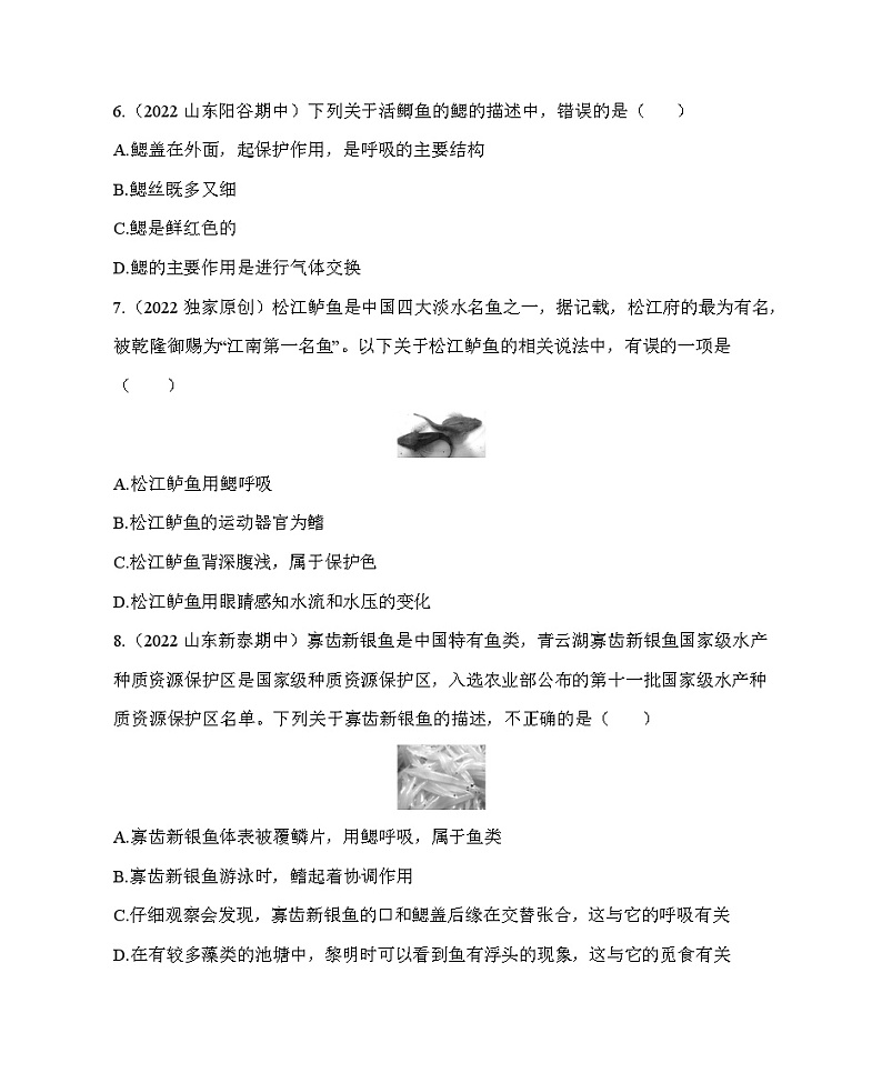鲁科版(五四学制) 初中生物 八年级上册 7.1.4鱼类同步练习(含解析)02