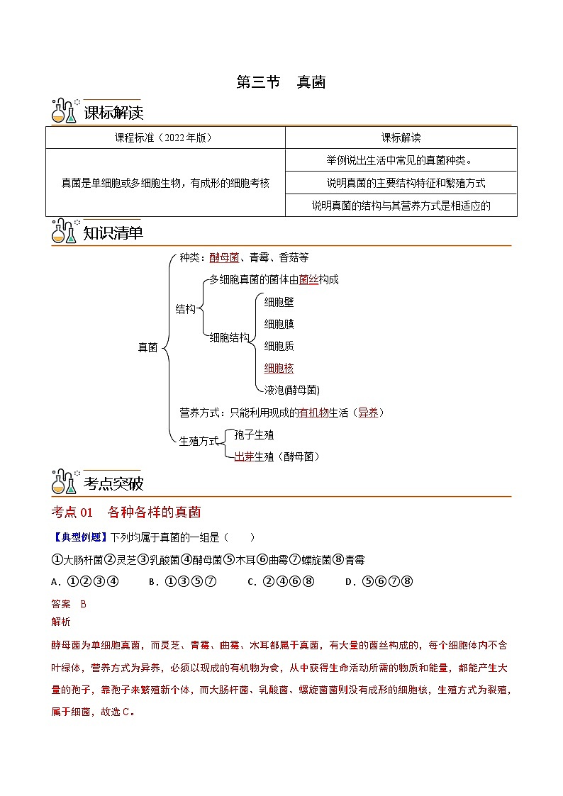 【同步讲义】人教版生物八年级上册第五单元-第四章-第三节《真菌》讲义01