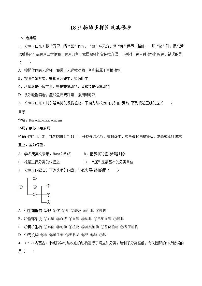 专题18 生物的多样性及其保护(专题精练)-2023年中考生物一轮复习讲练测(原卷版)第1页