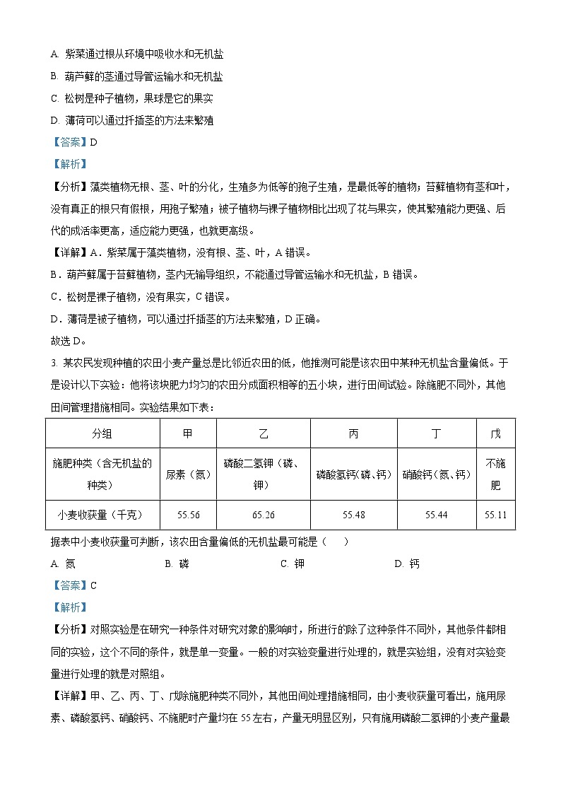 2023年湖北省鄂州市中考生物真题（含解析）02