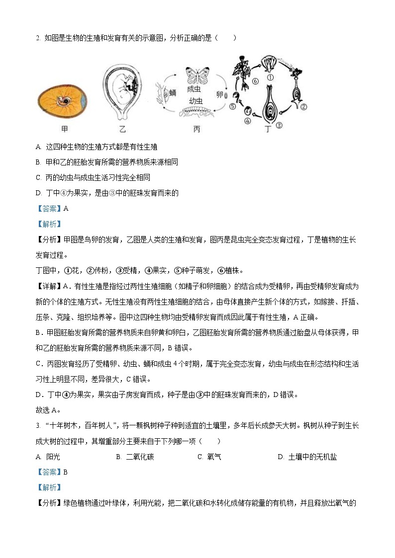 2023年湖北省恩施州中考生物真题（含解析）02