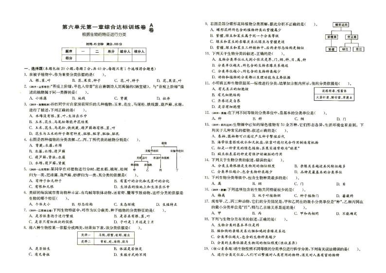 人教版八年级上册《生物》第六单元第一章综合达标训练A卷（含答案）01