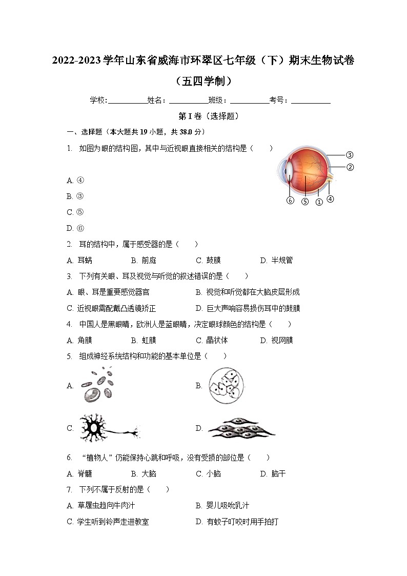 山东省威海市环翠区2022-2023学年七年级下学期期末生物试卷(含答案)第1页
