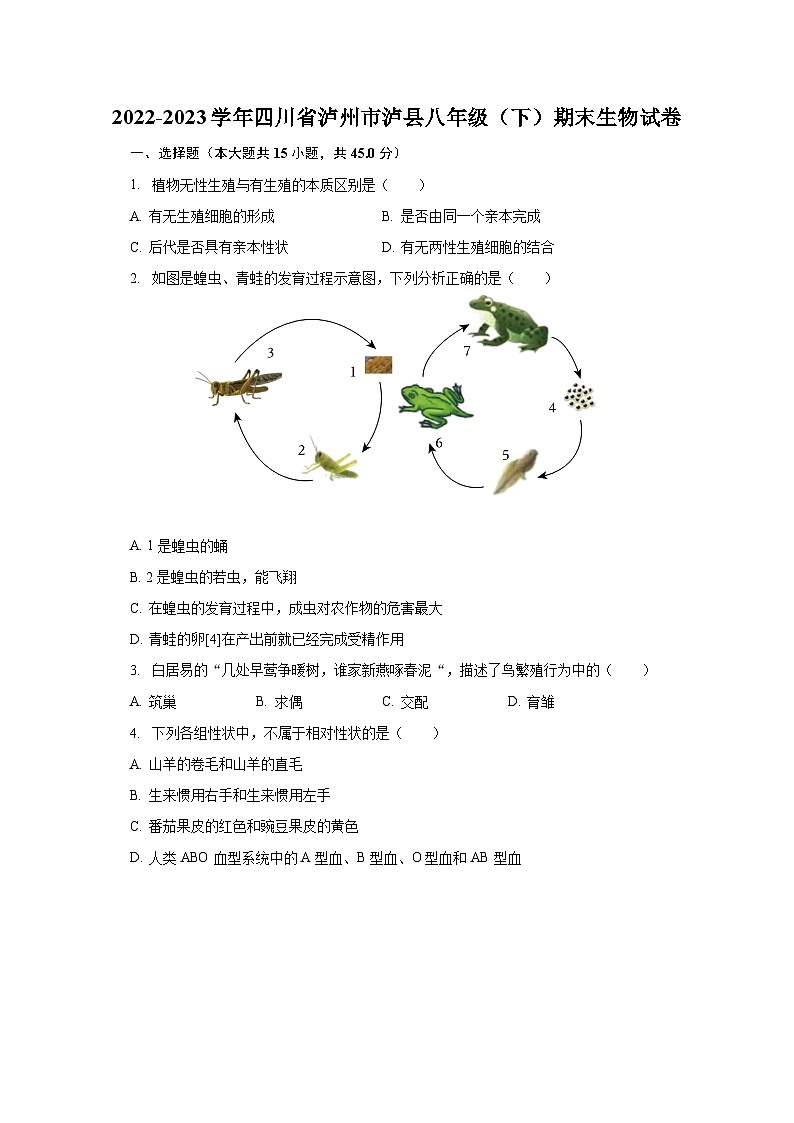 2022-2023学年四川省泸州市泸县八年级(下)期末生物试卷(含解析)01