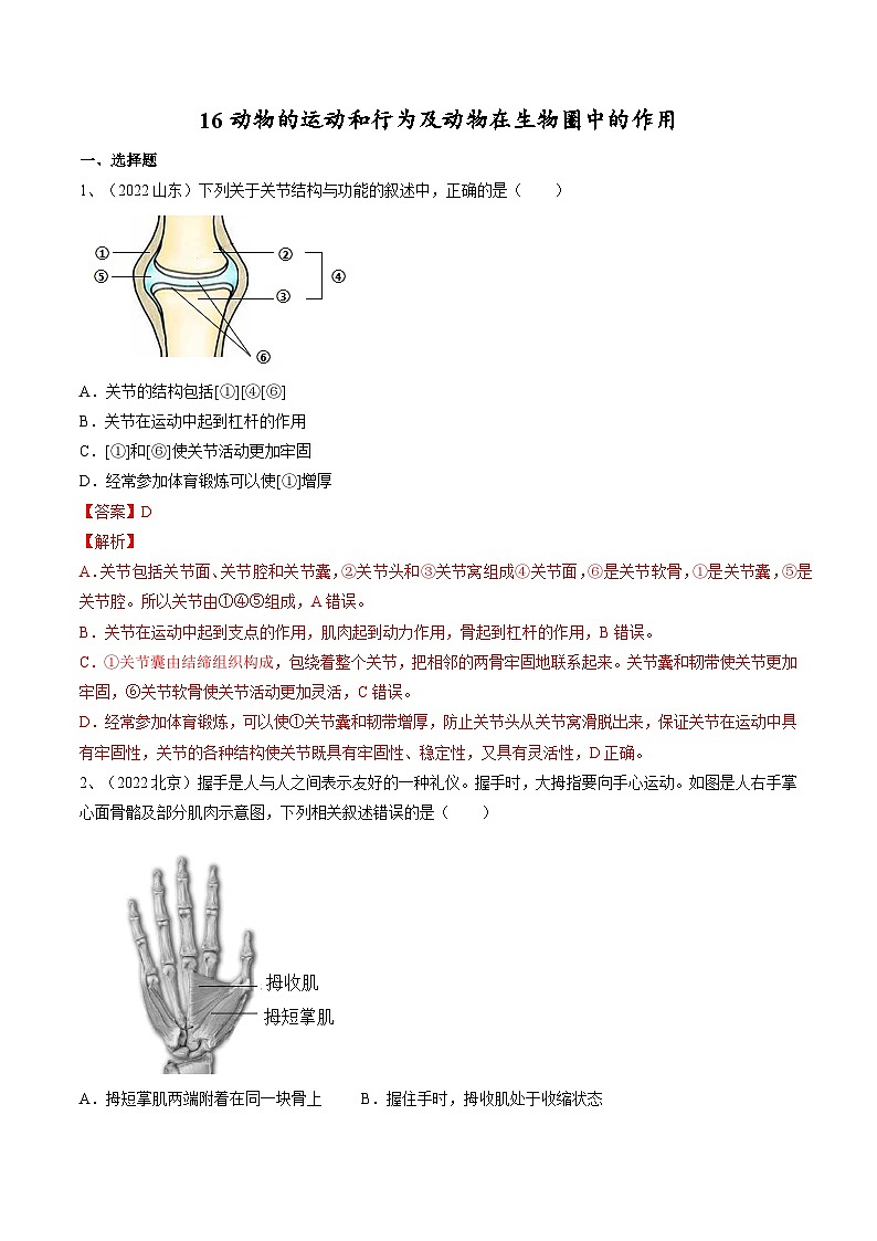 专题16 动物的运动和行为+动物在生物圈中的作用(专题精练)-2023年中考生物一轮复习讲练测(解析版)01