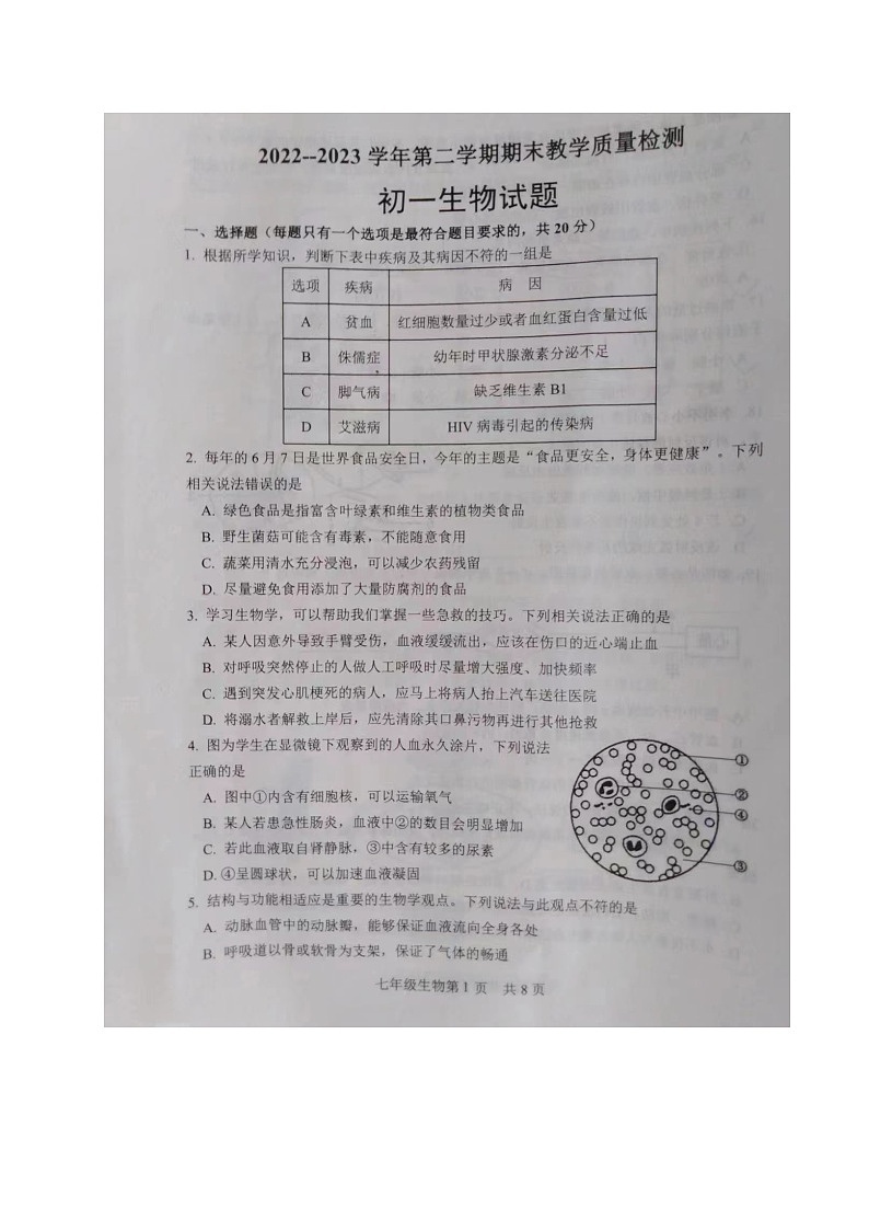山东省菏泽市郓城县2022-2023学年七年级下学期期末考试生物试题01