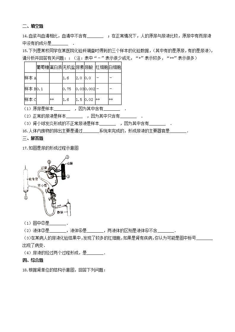 2023七年级生物下册第四单元生物圈中的人第11章人体代谢废物的排出11.2尿的形成与排出练习含解析新版北师大版第3页