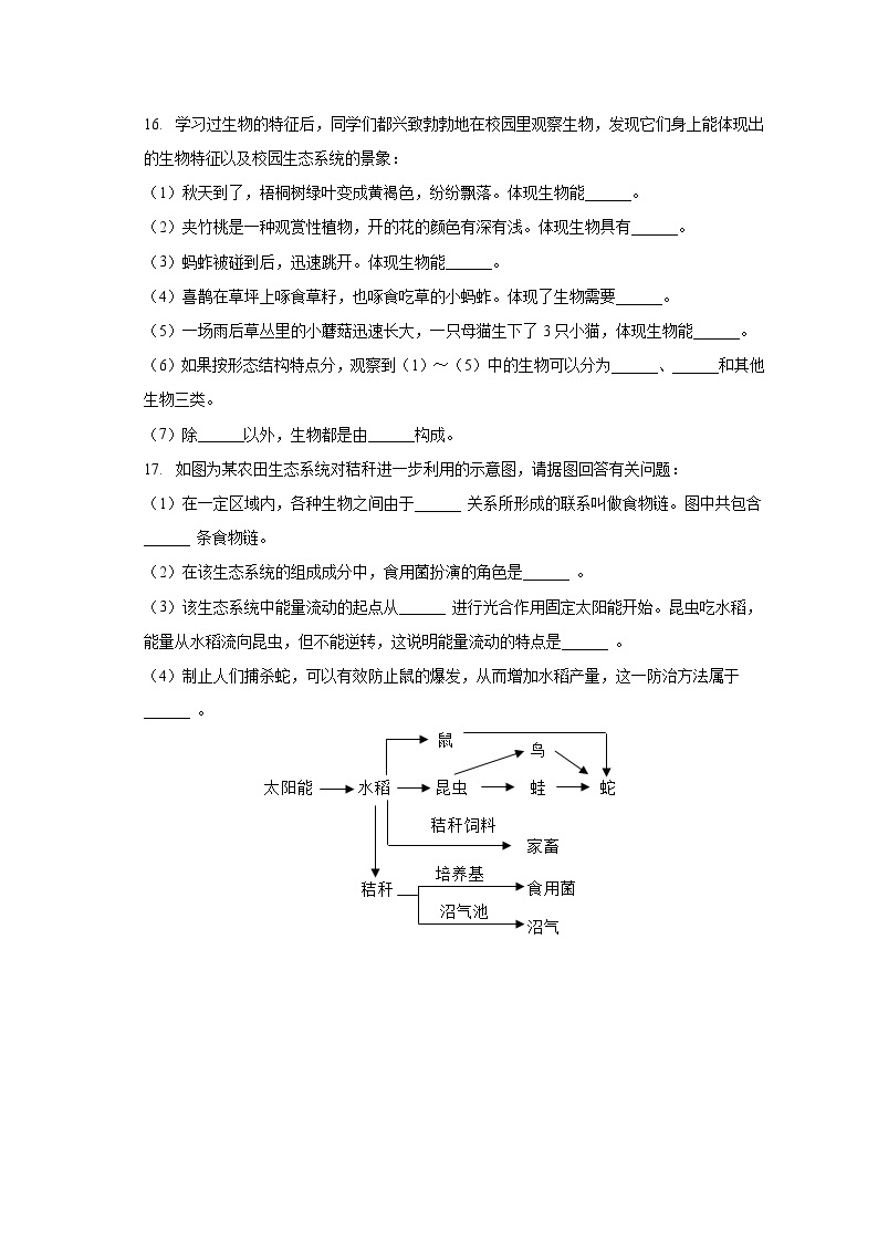 山东省枣庄市滕州市鲍沟中学2023-2024学年七年级上学期开学生物试卷（含答案）03