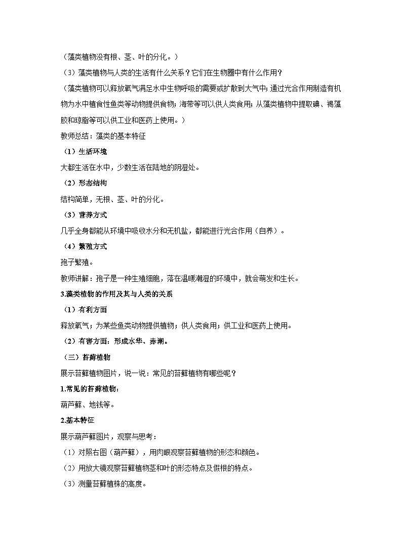 3.1.1藻类、苔藓和蕨类植物教案 人教版生物七年级上册03