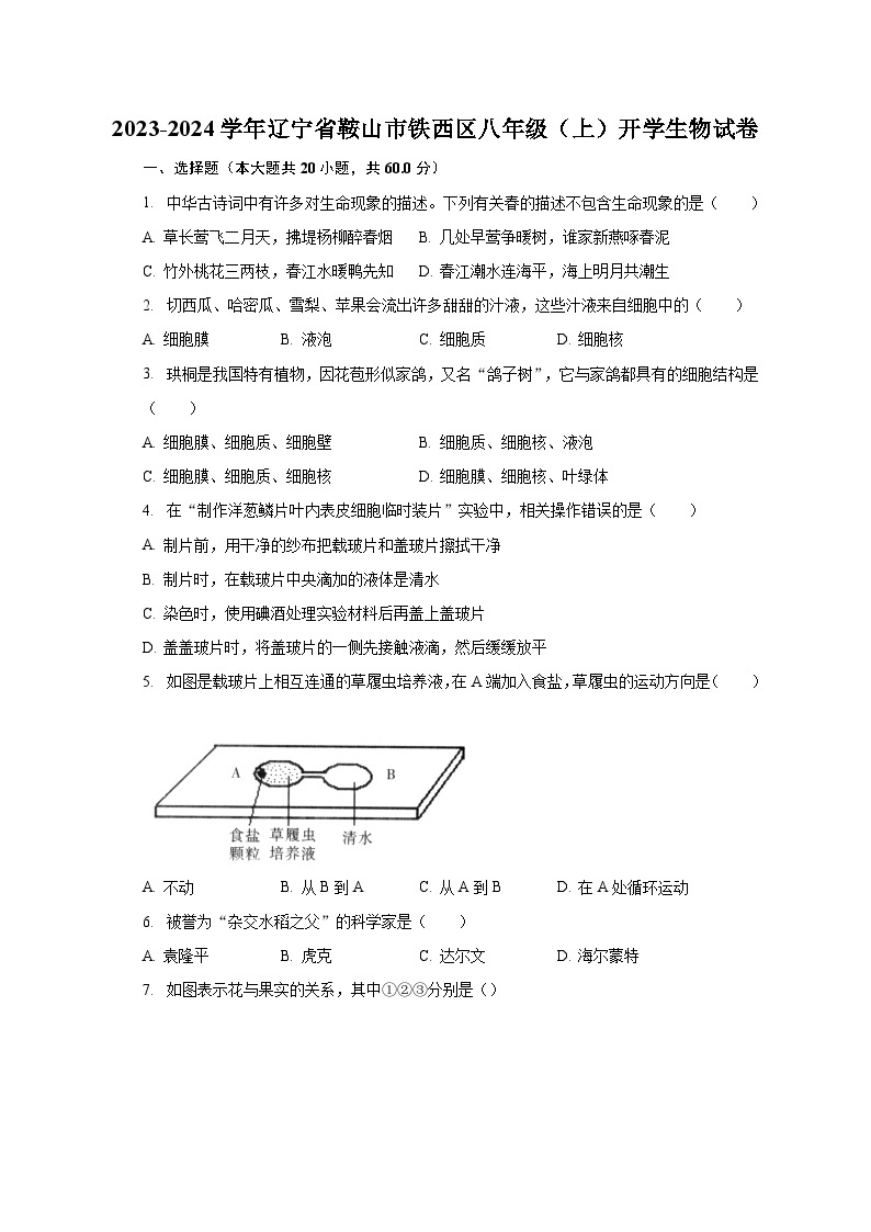 2023-2024学年辽宁省鞍山市铁西区八年级（上）开学生物试卷（含解析）01