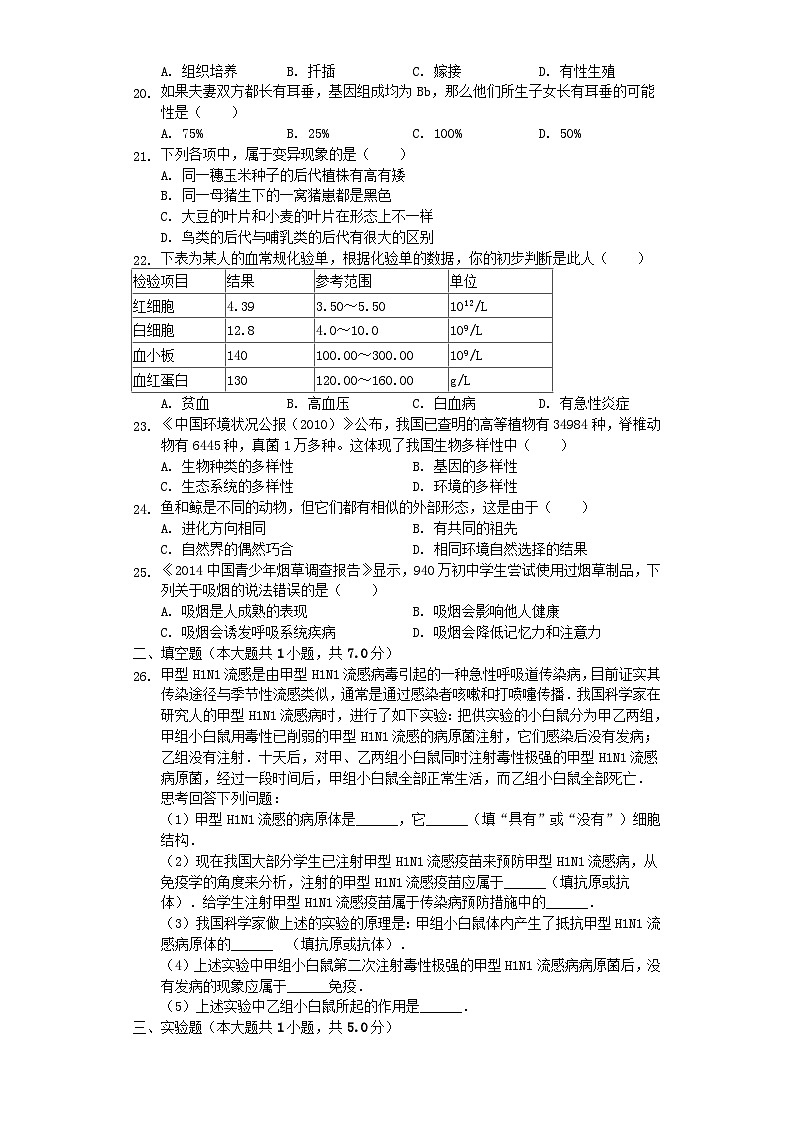 山东省聊城市2019年中考生物全真模拟试卷(一)(含解析)第3页
