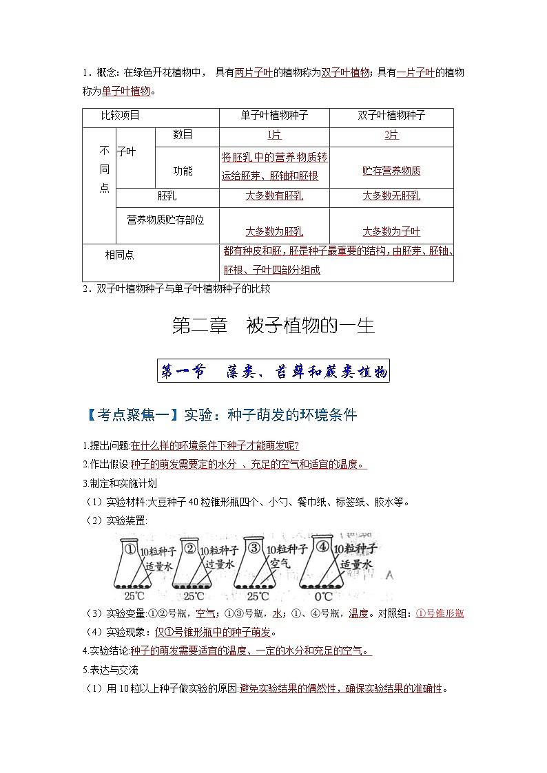 中考生物一轮复习知识点梳理考点 生物圈中有哪些绿色植物、被子植物的一生03
