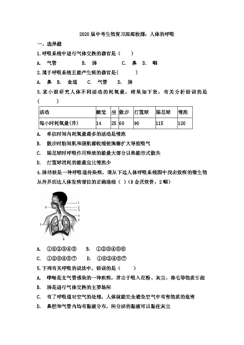 中考生物一轮复习跟踪检测:人体的呼吸(含答案)第1页