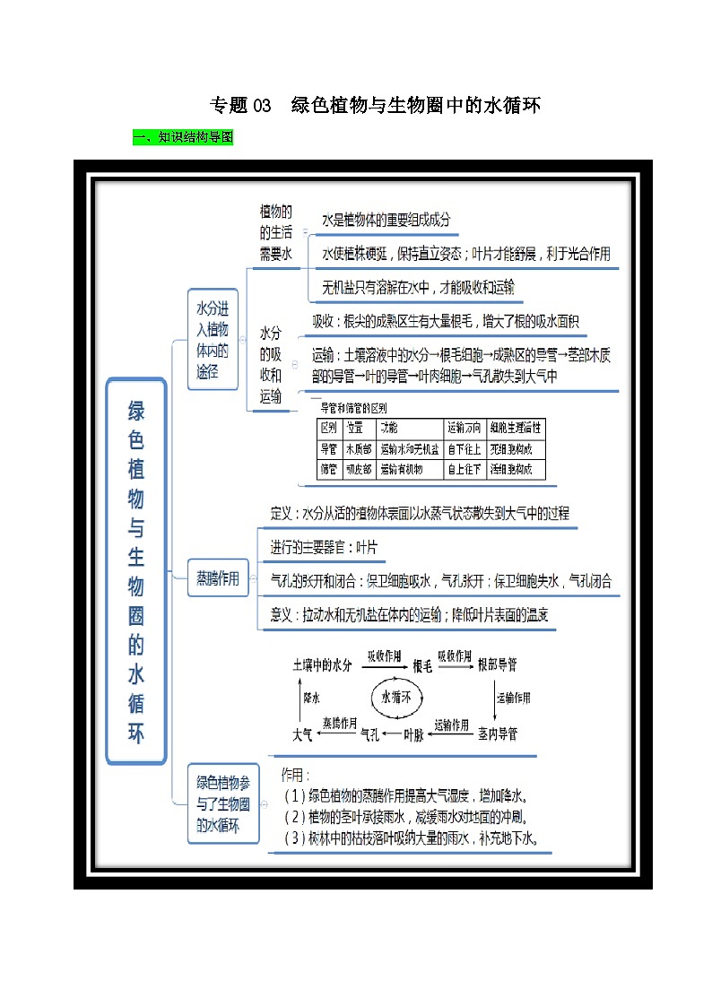 中考生物三轮复习考前冲刺练习专题03 绿色植物与生物圈中的水循环(含解析)第1页