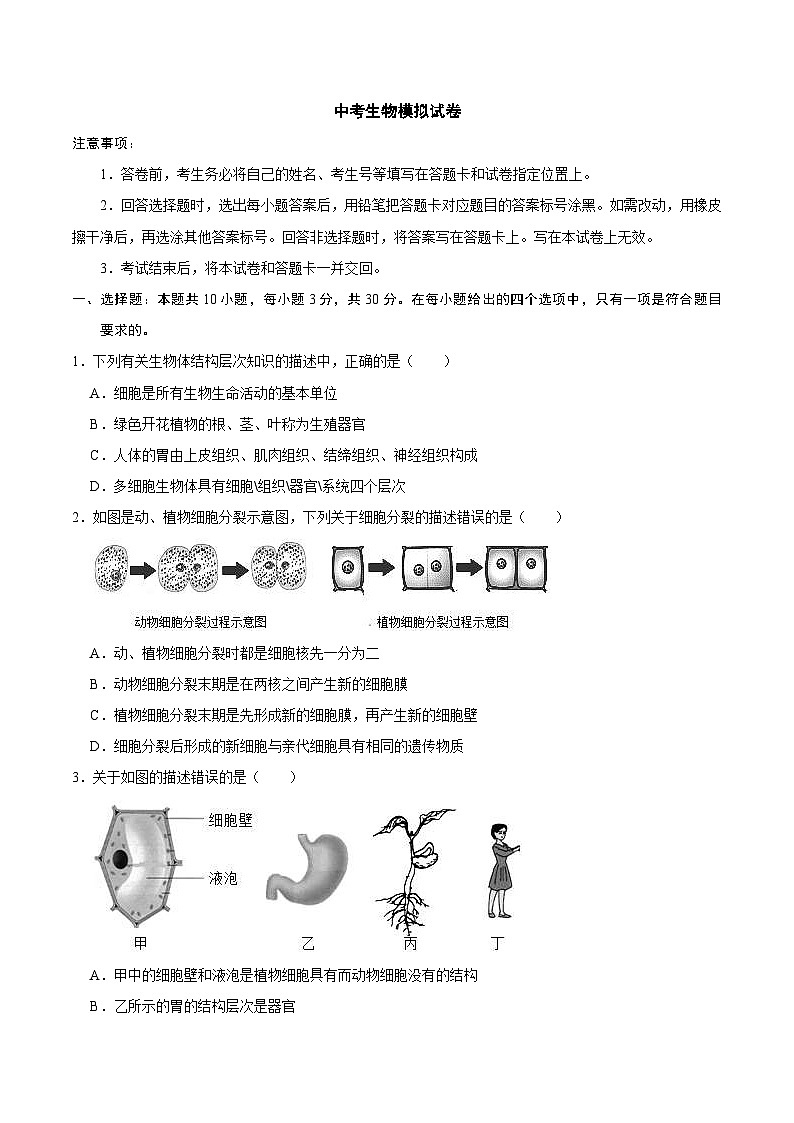 中考生物模拟试卷四 (原卷版+解析版)第1页