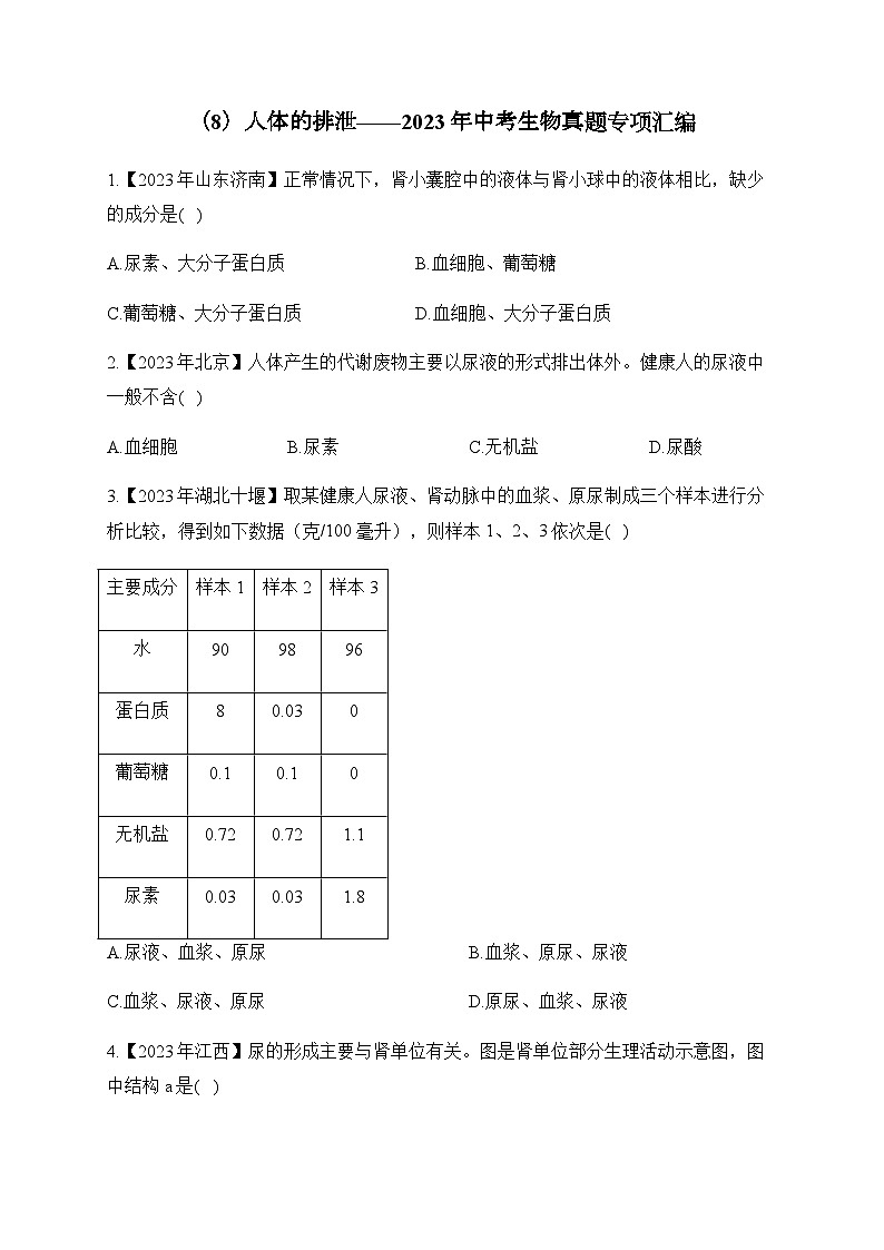(8)人体的排泄——2023年中考生物真题专项汇编第1页