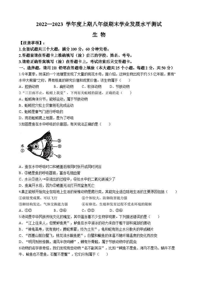 四川省泸州市龙马潭区2022-2023学年八年级上学期期末生物试题01