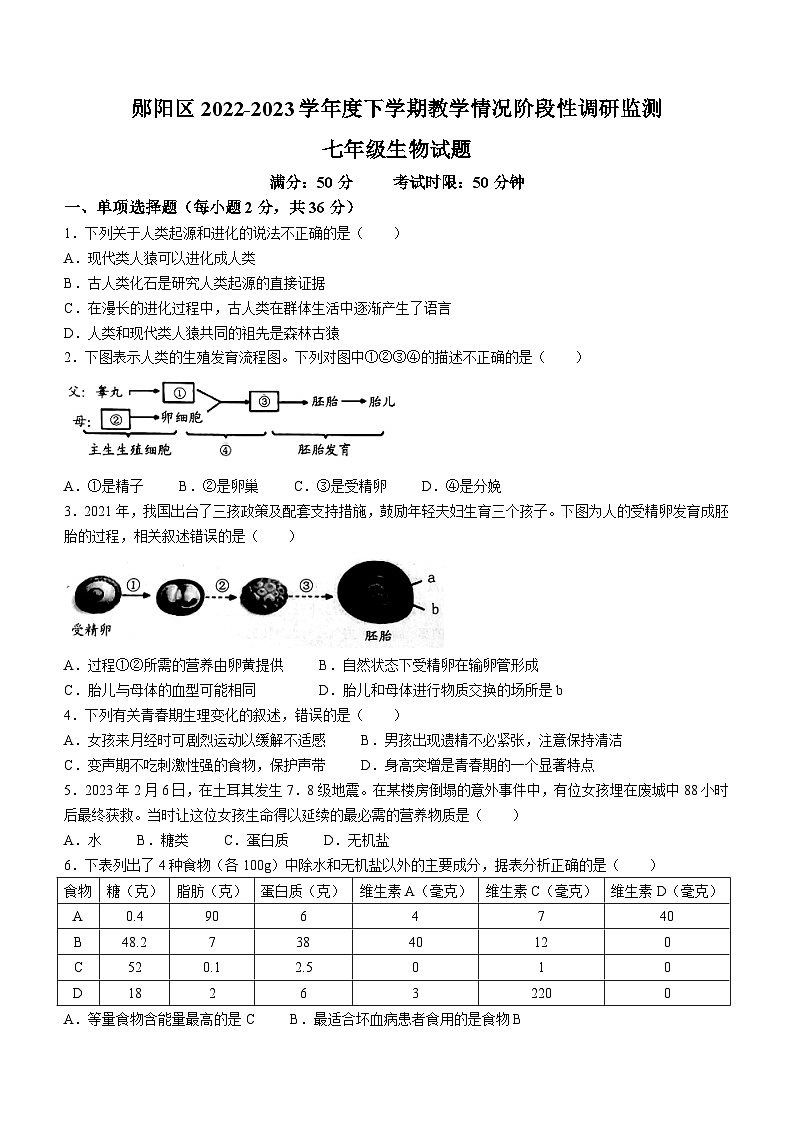 湖北省十堰市郧阳区2022-2023学年七年级下学期期中生物试题第1页