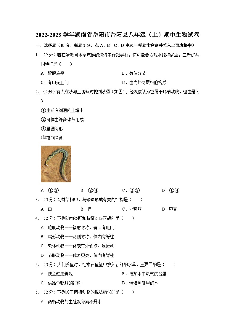 湖南省岳阳市岳阳县2022-2023学年八年级上学期期中生物试卷第1页