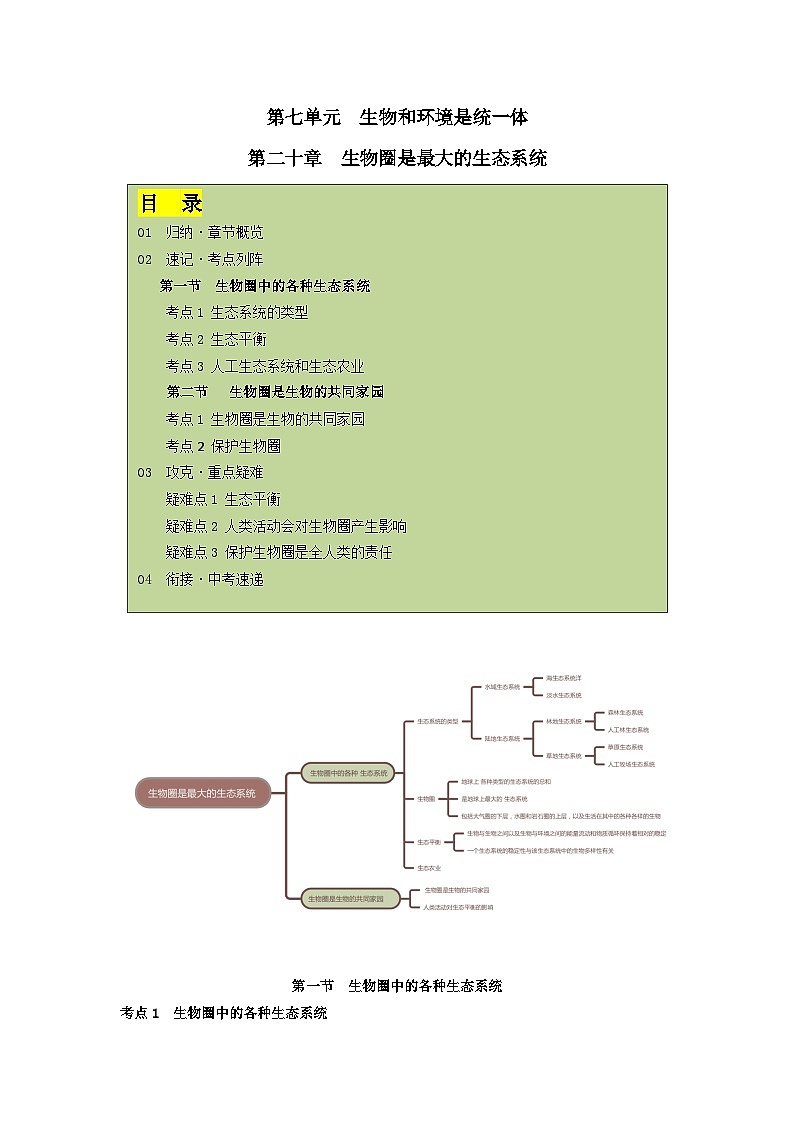【期中单元知识点归纳】 (苏教版)2023-2024学年八年级生物上册 第二十章 生物圈是最大的生态系统 讲义(解析版)第1页