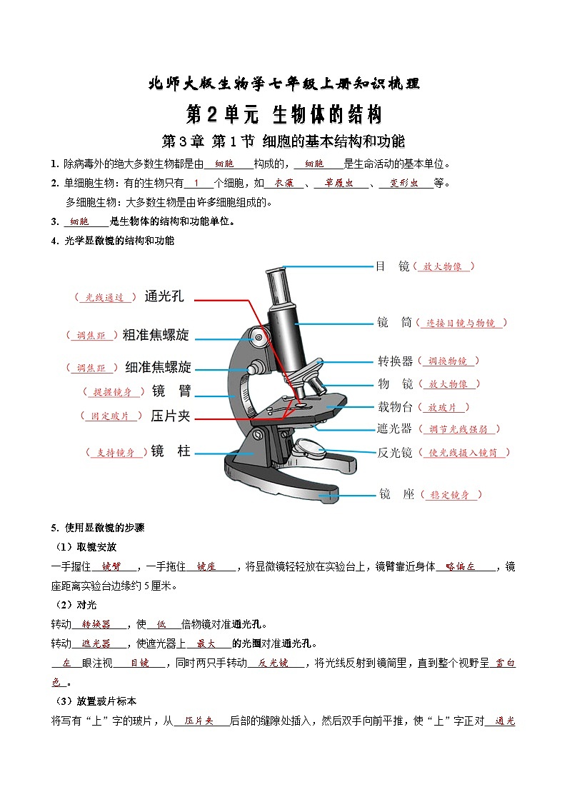 【期中单元知识点归纳】 (北师大版)2023-2024学年八年级生物上册 第2单元 生物体的结构 讲义01