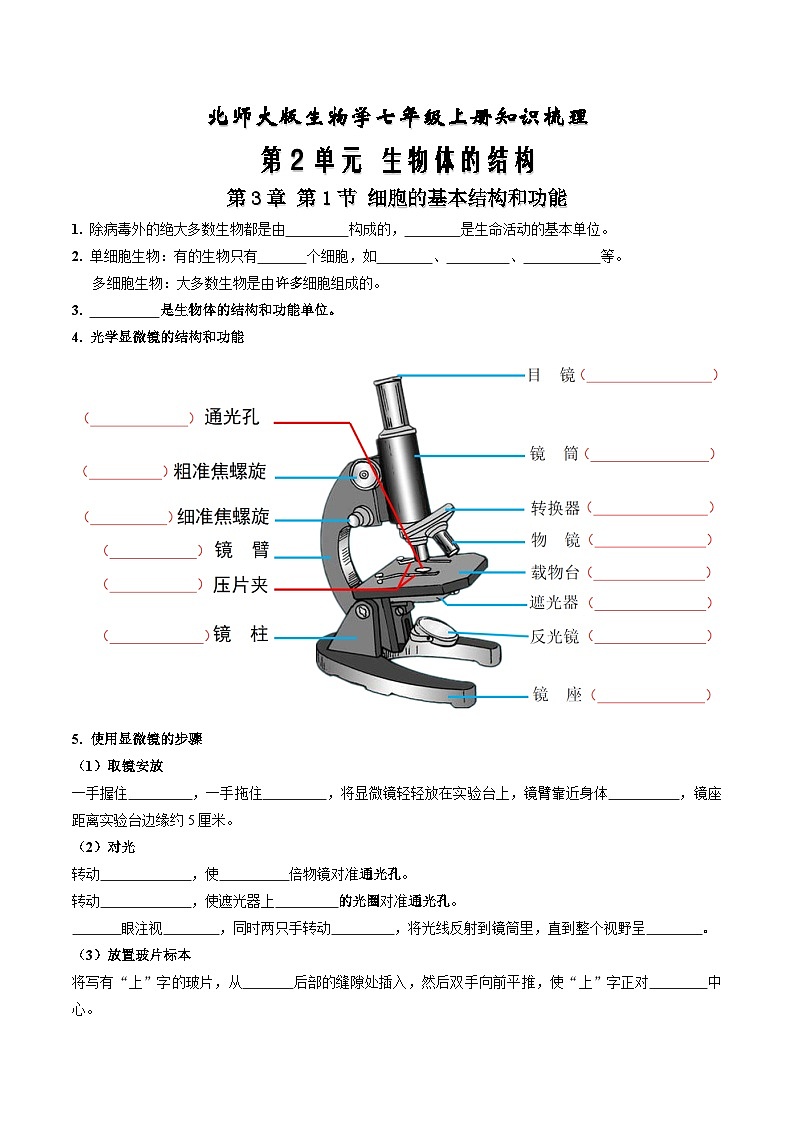 【期中单元知识点归纳】 (北师大版)2023-2024学年八年级生物上册 第2单元 生物体的结构 讲义01
