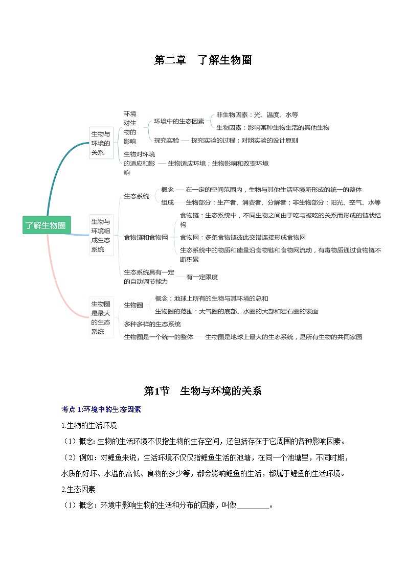 【期中单元知识点归纳】 2023-2024学年七年级生物上册 第二章 了解生物圈 讲义01