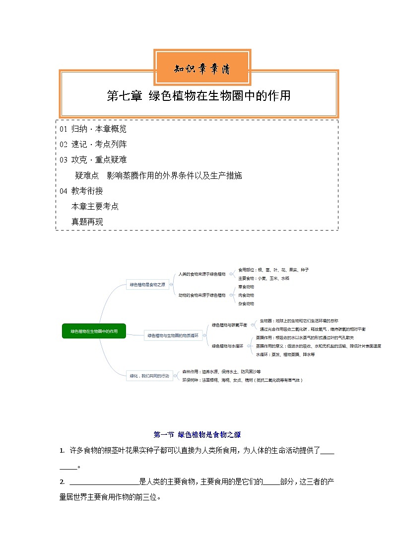 【期中单元知识点归纳】(苏教版)2023-2024学年七年级生物上册 第七章 绿色植物在生物圈中的作用 讲义01
