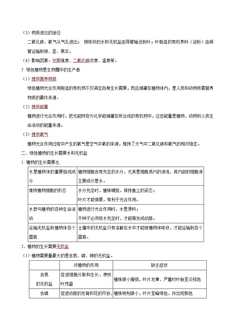 【期中单元知识点归纳】(苏科版)2023-2024学年七年级生物上册 第四章 绿色植物是有机物的生产者 讲义(解析版)第3页