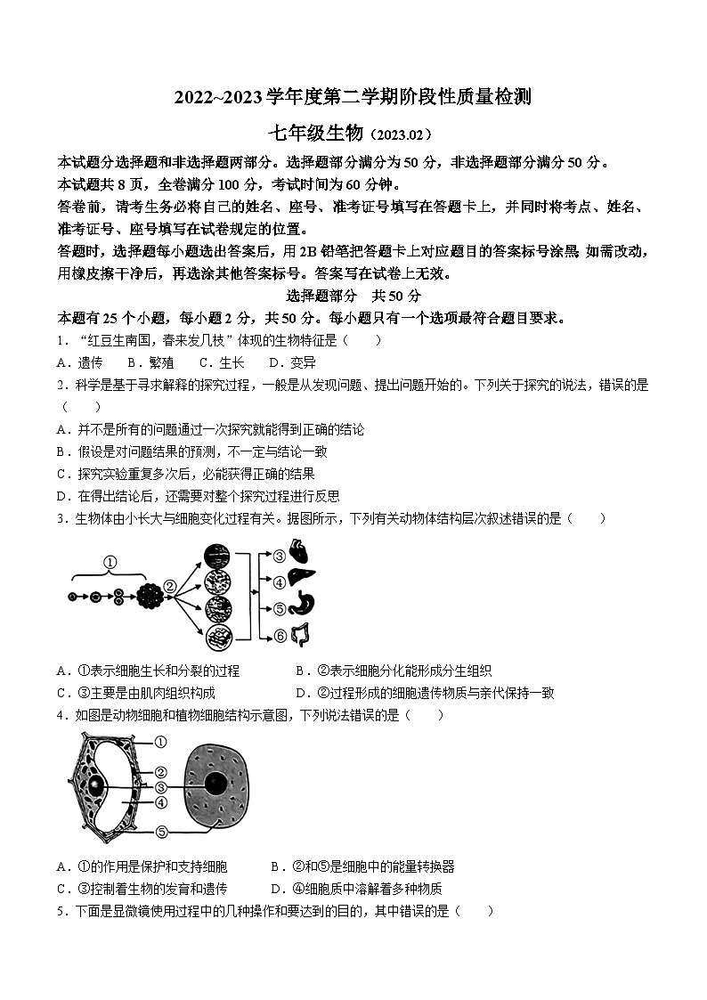86,山东省济南市槐荫区2022-2023学年七年级下学期开学测试生物试题(无答案)01