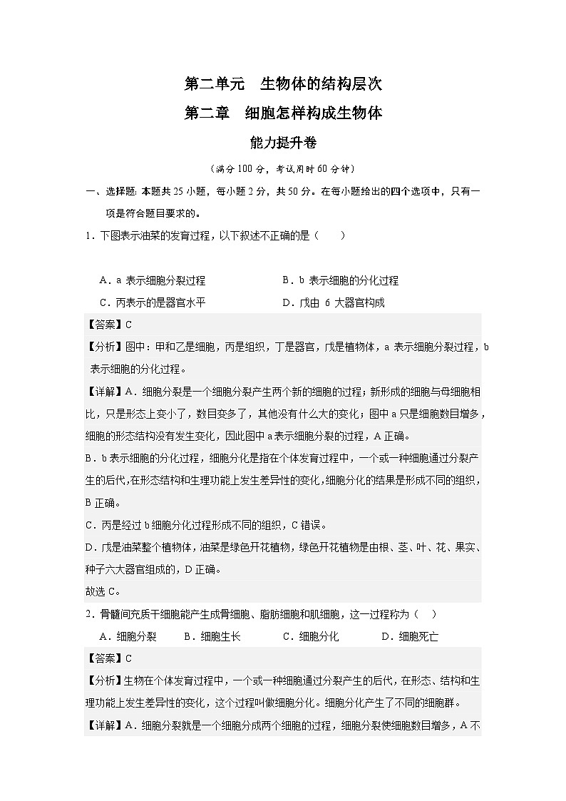 【期中单元测试卷】(人教版)2023-2024学年七年级生物上册 第二章 细胞怎样构成生物体【单元测试·提升卷】01