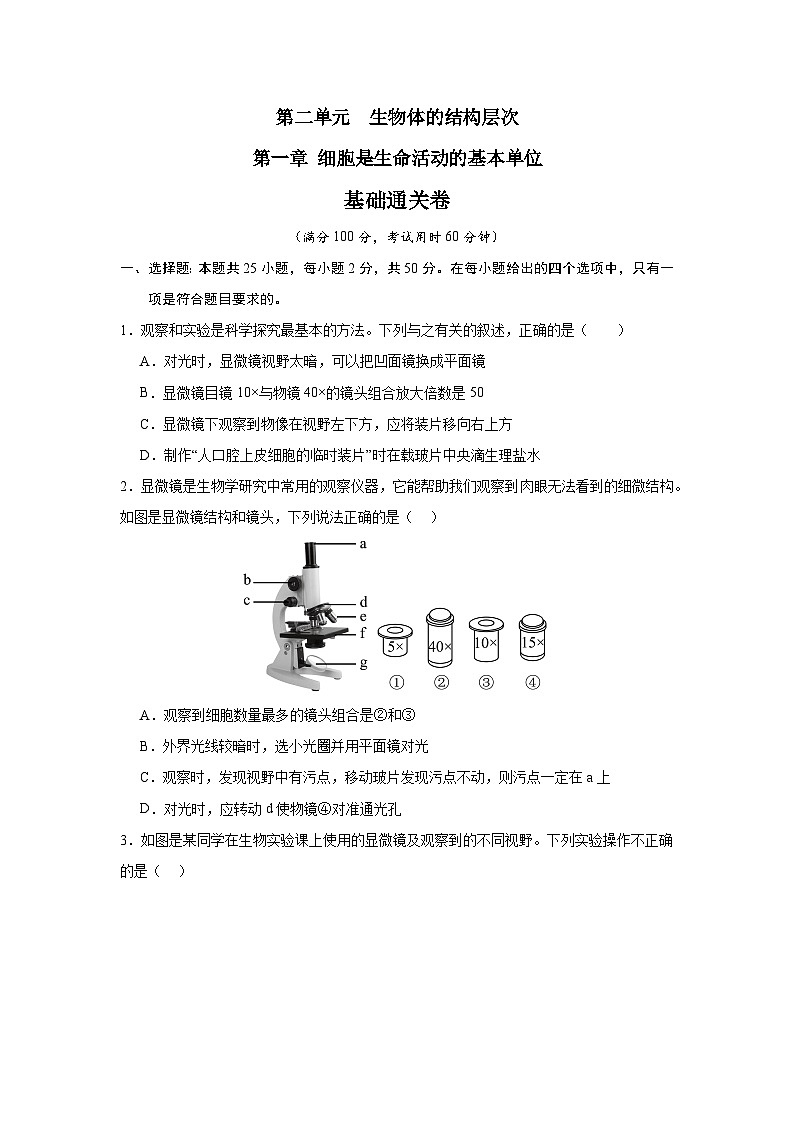 【期中单元测试卷】(人教版)2023-2024学年七年级生物上册 第一章 细胞是生命活动的基本单位【单元测试·基础卷】01