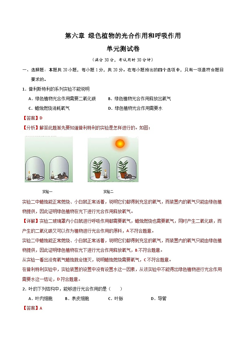 【期中单元测试卷】(苏教版)2023-2024学年七年级生物上册 第六章 绿色植物的光合作用和呼吸作用【单元测试卷】(解析版)第1页