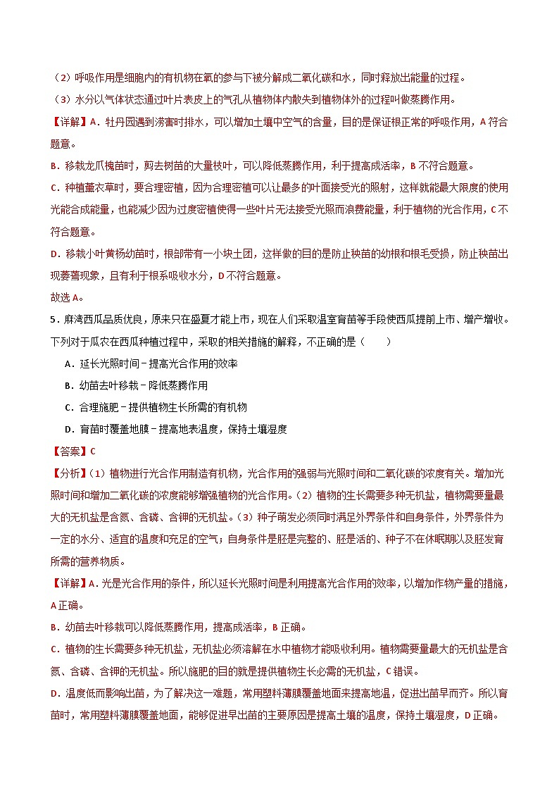 【期中单元测试卷】(苏教版)2023-2024学年七年级生物上册 第七章 绿色植物在生物圈中的作用【单元测试卷】(解析版)第3页