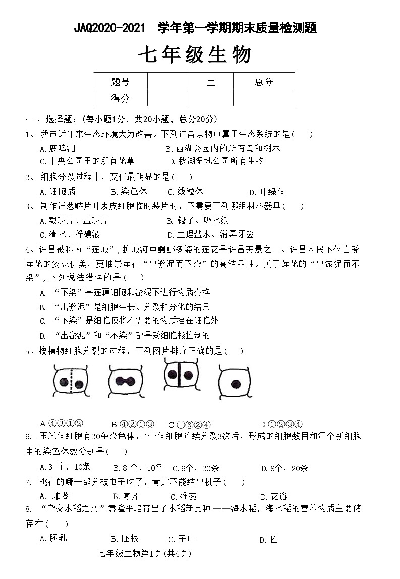 河南省许昌市建安区2020-2021学年七年级上学期期末质量检测生物试题第1页