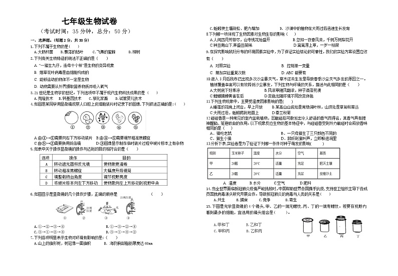 江苏省徐州市丰县创新外国语学校2023-2024学年七年级上学期第一次质量检测生物试卷(月考)01