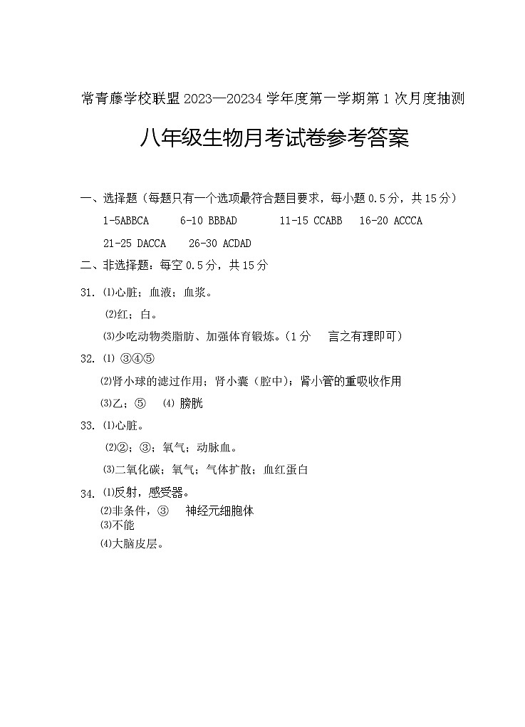 江苏省兴化市常青藤学校联盟2023-2024学年八年级上学期第一次月度抽测生物试题(月考)01