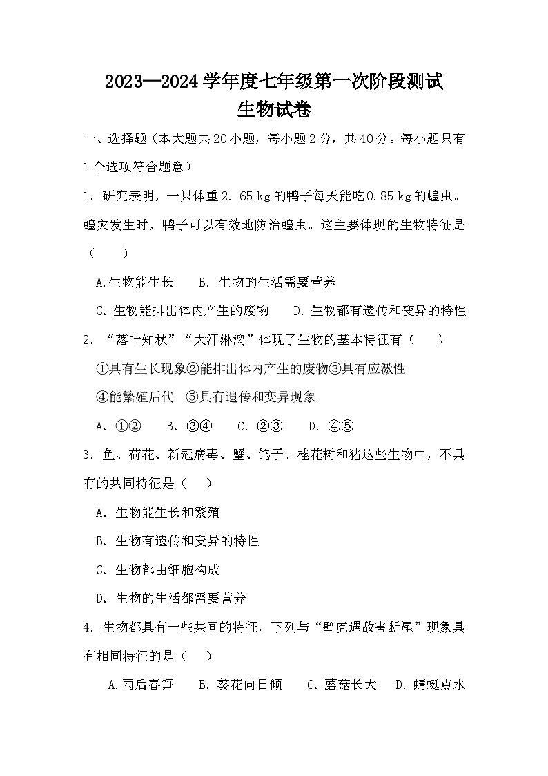 安徽省淮北市濉溪县孙疃中心学校2023-2024学年七年级上学期10月月考生物试题第1页