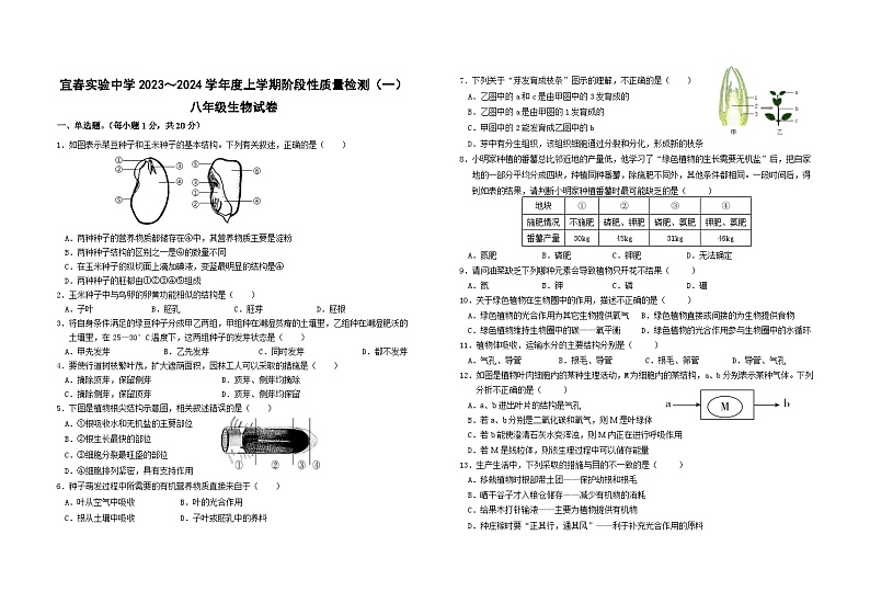 江西省宜春实验中学2023-2024学年八年级上学期阶段性质量检测(一)生物试卷(月考)01