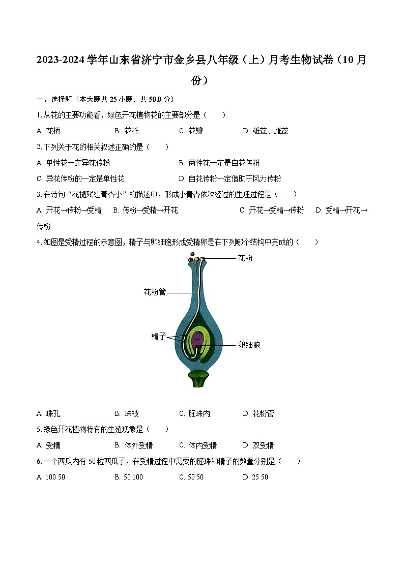 2023-2024学年山东省济宁市金乡县八年级(上)月考生物试卷(10月份)(含解析)01