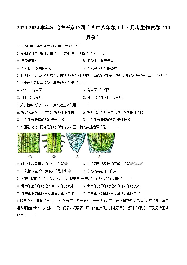 2023-2024学年河北省石家庄四十八中八年级（上）月考生物试卷（10月份）（含解析）01