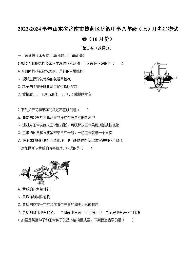 2023-2024学年山东省济南市槐荫区济微中学八年级(上)月考生物试卷(10月份)(含解析)01