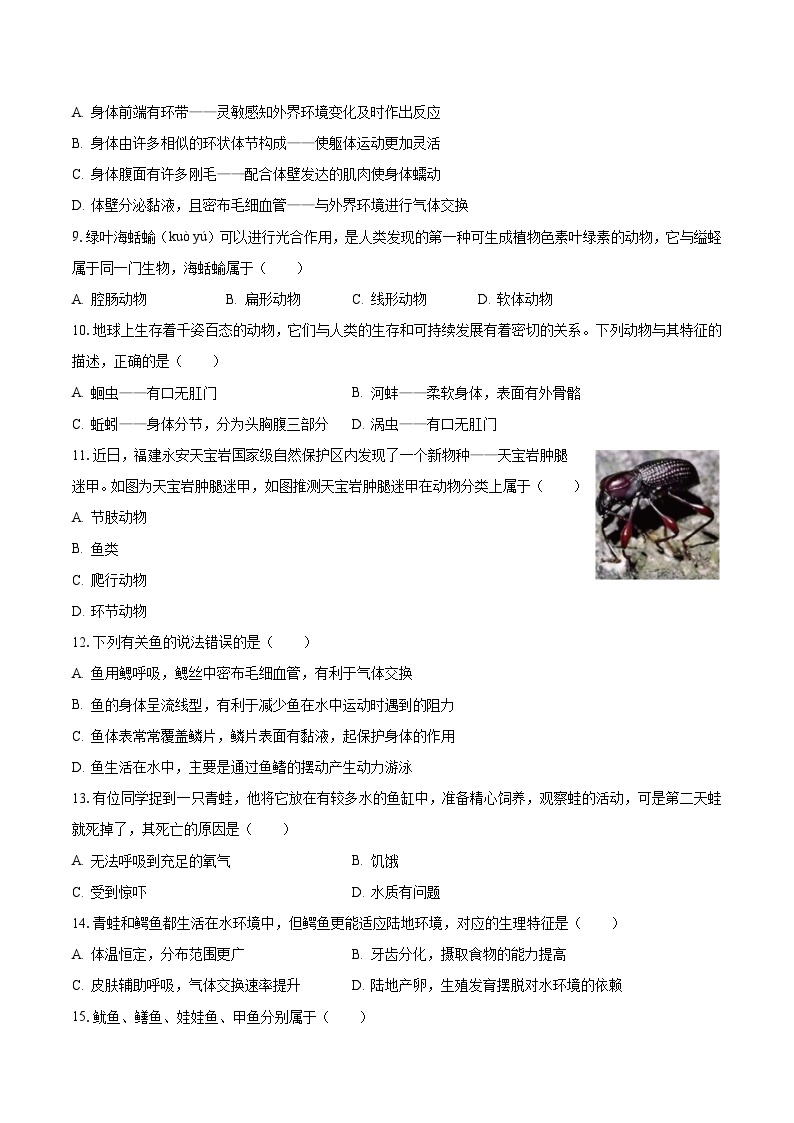 2023-2024学年广东省佛山市八年级（上）第一次月考生物试卷（含解析）02