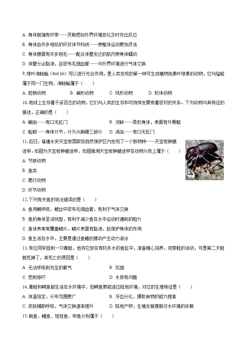 2023-2024学年广东省佛山市八年级(上)第一次月考生物试卷(含解析)第2页