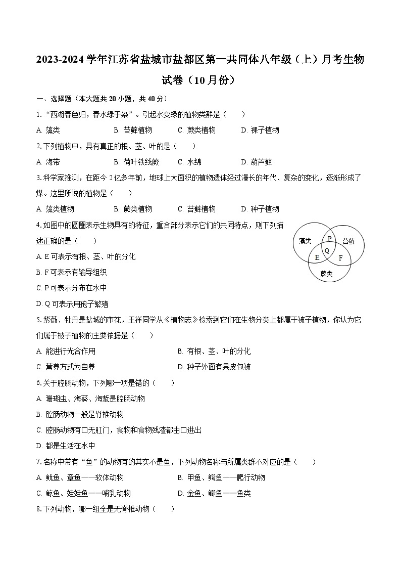 2023-2024学年江苏省盐城市盐都区第一共同体八年级（上）月考生物试卷（10月份）（含解析）01