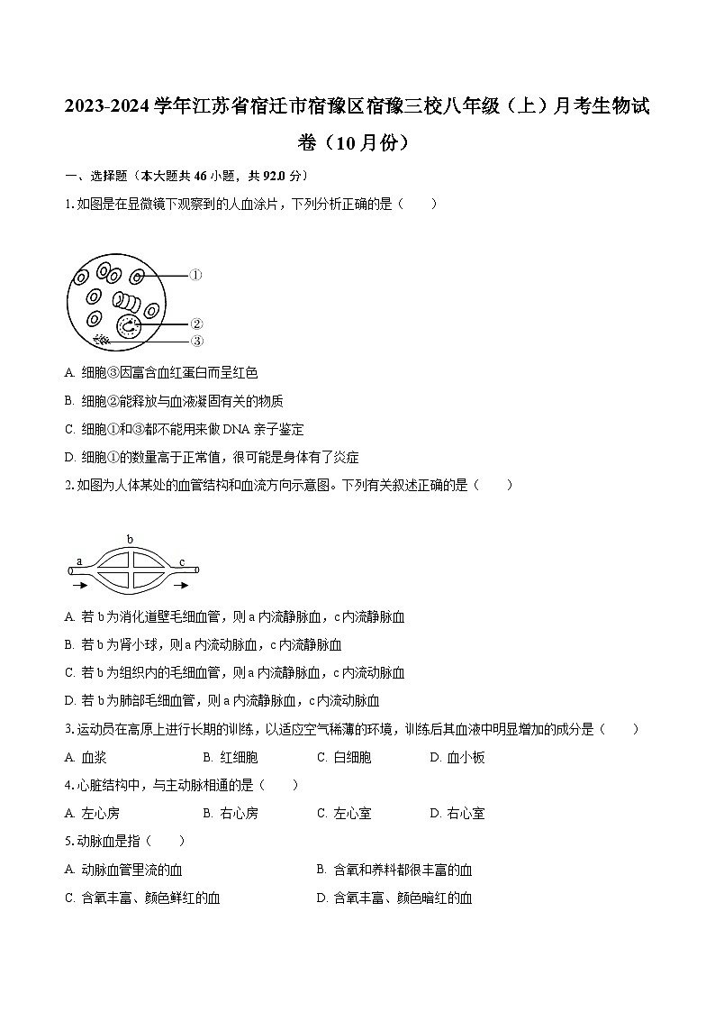 2023-2024学年江苏省宿迁市宿豫区宿豫三校八年级(上)月考生物试卷(10月份)(含解析)01