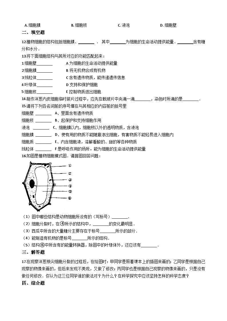 人教版七年级上册生物 2.1.2植物细胞 同步测试第2页