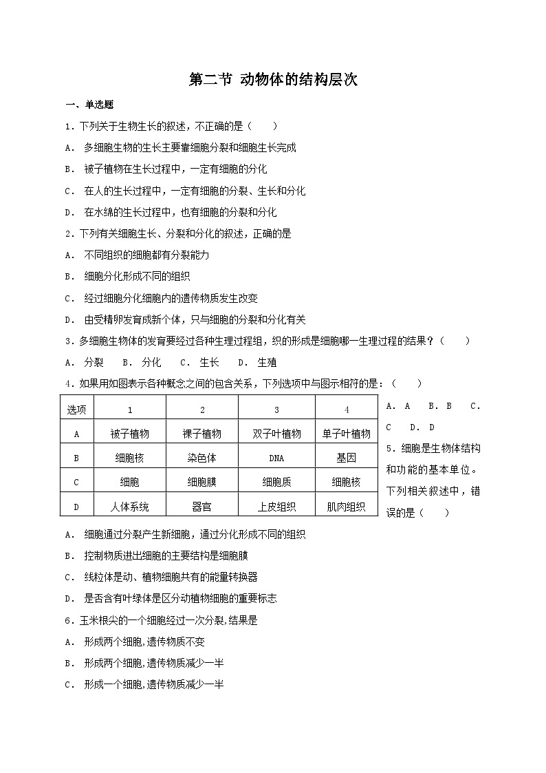 人教版七年级上册生物 2.2.2 动物体的结构层次 同步练习01