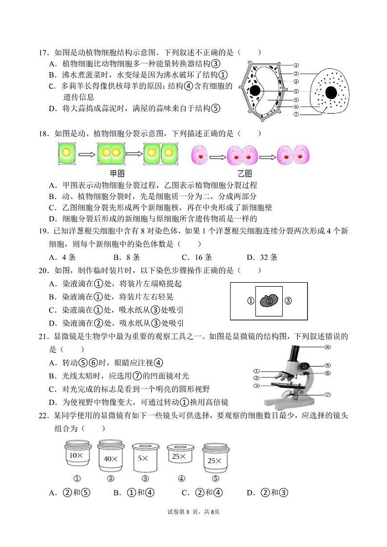 福建省泉州市第六中学2023-2024学年七年级上学期期中考试生物试题(含答案)03