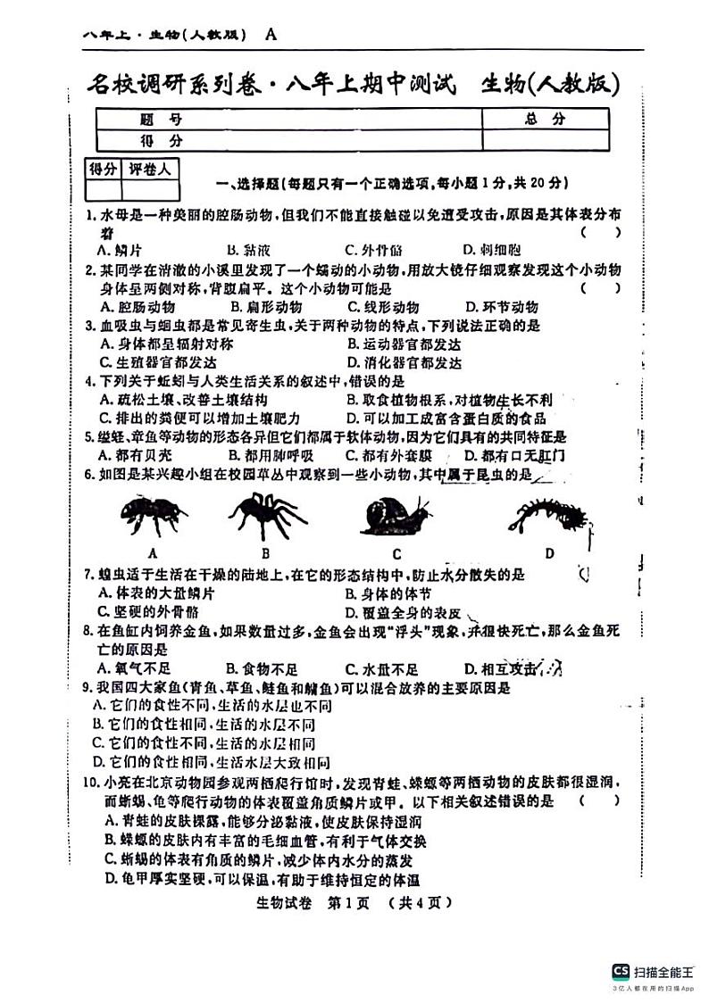 吉林省松原市前郭县三校联考2023-2024学年八年级上学期期中测试生物试卷(PDF版含答案)第1页